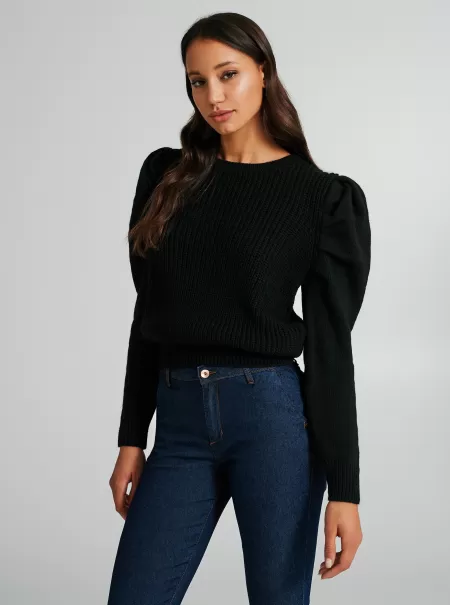 Women Black Efficient Jumper With Puff Sleeves Knitwear