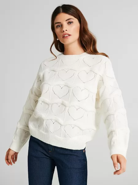 Jumper With Heart-Shaped Knit Pattern White Cream Contemporary Women Knitwear