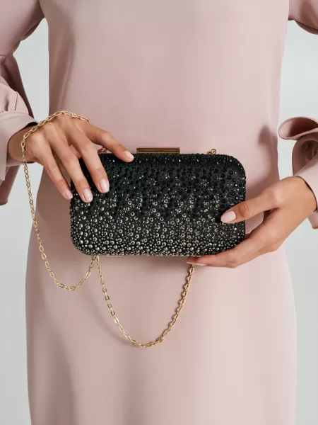 Clutch Bag With Rhinestones Elegant Black Women Bags